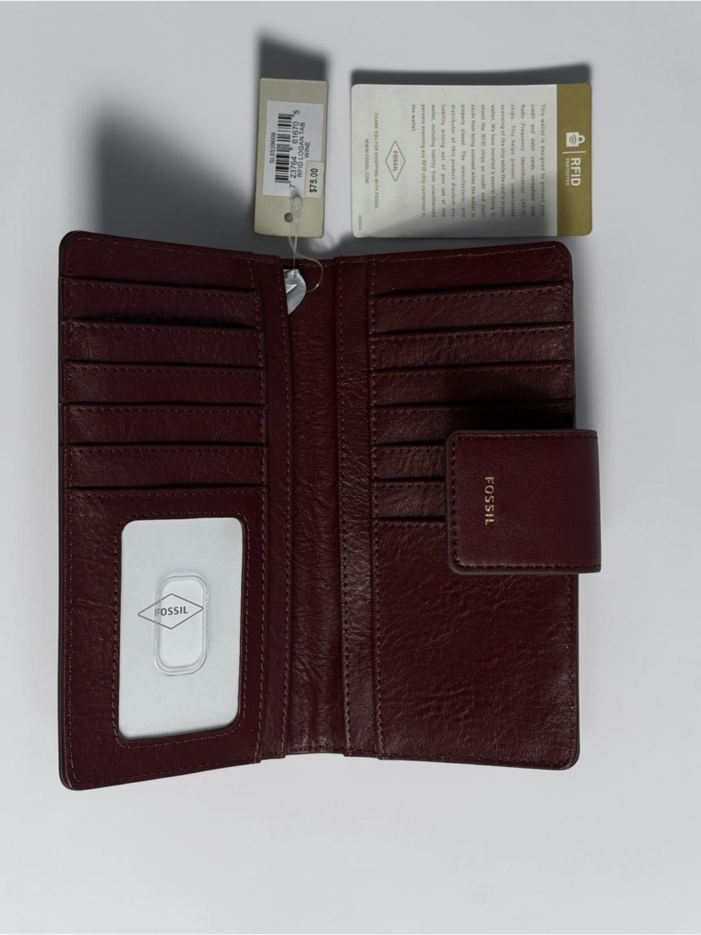 NWT Fossil Logan RFID Leather Tab Clutch Wallet Wine Maroon - Picture 3 of 7